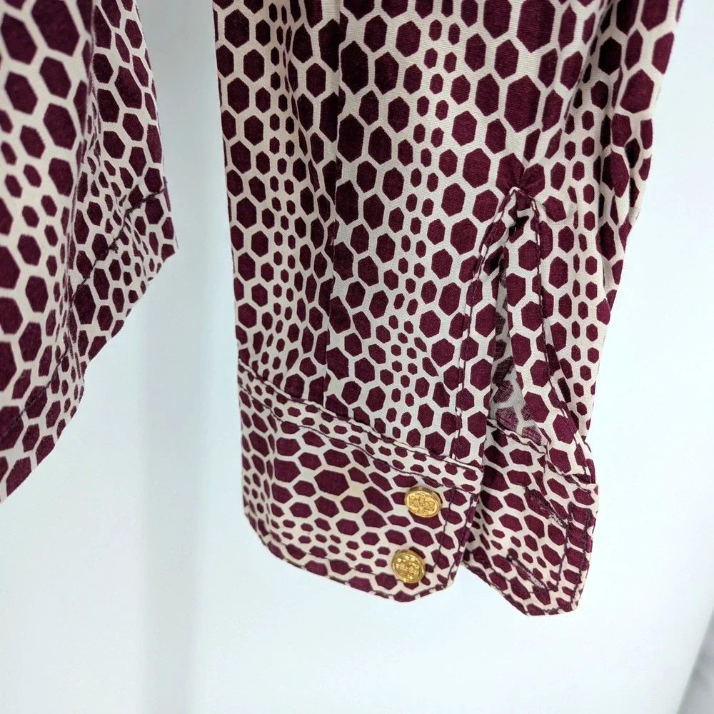 Tory Burch Burgundy‎ Geometric Button Front Shirt 6 Cotton Stretch